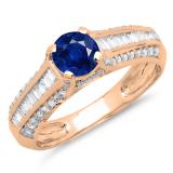 1.20 Carat (ctw) 10K Rose Gold Round & Baguette Cut Blue Sapphire & White Diamond Ladies Vintage Style Solitaire With Accents Bridal Engagement Ring 1 1/4 CT