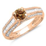 1.20 Carat (ctw) 10K Rose Gold Round & Baguette Cut Champagne & White Diamond Ladies Vintage Style Solitaire With Accents Bridal Engagement Ring 1 1/4 CT