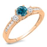 0.75 Carat (ctw) 14K Rose Gold Round Cut Blue & White Diamond Ladies Bridal 3 Stone Engagement Ring 3/4 CT