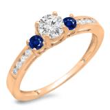 0.75 Carat (ctw) 14K Rose Gold Round Cut Blue Sapphire & White Diamond Ladies Bridal 3 Stone Engagement Ring 3/4 CT