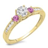 0.75 Carat (ctw) 14K Yellow Gold Round Cut Pink Sapphire & White Diamond Ladies Bridal 3 Stone Engagement Ring 3/4 CT