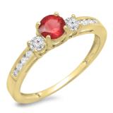 0.75 Carat (ctw) 10K Yellow Gold Round Cut Ruby & White Diamond Ladies Bridal 3 Stone Engagement Ring 3/4 CT
