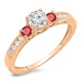 0.75 Carat (ctw) 14K Rose Gold Round Cut Ruby & White Diamond Ladies Bridal 3 Stone Engagement Ring 3/4 CT