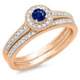 0.50 Carat (ctw) 14K Rose Gold Round Blue Sapphire & White Diamond Ladies Halo Style Bridal Engagement Ring With Matching Band Set 1/2 CT