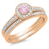 0.50 Carat (ctw) 14K Rose Gold Round Pink Sapphire & White Diamond Ladies Halo Style Bridal Engagement Ring With Matching Band Set 1/2 CT