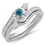 0.50 Carat (ctw) 10K White Gold Round Blue & White Diamond Ladies Bridal Twisted Swirl Engagement Ring With Matching Band Set 1/2 CT
