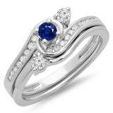 0.50 Carat (ctw) 14K White Gold Round Blue Sapphire & White Diamond Ladies Bridal Twisted Swirl Engagement Ring With Matching Band Set 1/2 CT