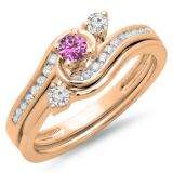 0.50 Carat (ctw) 10K Rose Gold Round Pink Sapphire & White Diamond Ladies Bridal Twisted Swirl Engagement Ring With Matching Band Set 1/2 CT