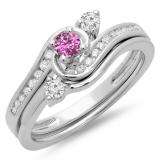 0.50 Carat (ctw) 10K White Gold Round Pink Sapphire & White Diamond Ladies Bridal Twisted Swirl Engagement Ring With Matching Band Set 1/2 CT