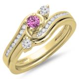 0.50 Carat (ctw) 10K Yellow Gold Round Pink Sapphire & White Diamond Ladies Bridal Twisted Swirl Engagement Ring With Matching Band Set 1/2 CT