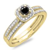 0.55 Carat (ctw) 10K Yellow Gold Round Cut Black & White Diamond Ladies Halo Engagement Bridal Ring With Matching Band Set 1/2 CT