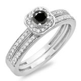 0.55 Carat (ctw) 18K White Gold Round Cut Black & White Diamond Ladies Halo Engagement Bridal Ring With Matching Band Set 1/2 CT