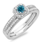 0.55 Carat (ctw) 18K White Gold Round Cut Blue & White Diamond Ladies Halo Engagement Bridal Ring With Matching Band Set 1/2 CT