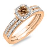 0.55 Carat (ctw) 14K Rose Gold Round Cut Champagne & White Diamond Ladies Halo Engagement Bridal Ring With Matching Band Set 1/2 CT