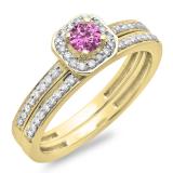 0.55 Carat (ctw) 10K Yellow Gold Round Cut Pink Sapphire & White Diamond Ladies Halo Engagement Bridal Ring With Matching Band Set 1/2 CT