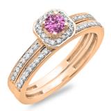0.55 Carat (ctw) 14K Rose Gold Round Cut Pink Sapphire & White Diamond Ladies Halo Engagement Bridal Ring With Matching Band Set 1/2 CT