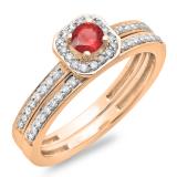 0.55 Carat (ctw) 14K Rose Gold Round Cut Red Ruby & White Diamond Ladies Halo Engagement Bridal Ring With Matching Band Set 1/2 CT
