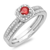 0.55 Carat (ctw) 18K White Gold Round Cut Red Ruby & White Diamond Ladies Halo Engagement Bridal Ring With Matching Band Set 1/2 CT
