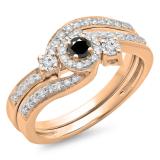 0.65 Carat (ctw) 18K Rose Gold Round Black & White Diamond Ladies Twisted Swirl Bridal Halo Engagement Ring With Matching Band Set