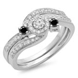 0.65 Carat (ctw) 10K White Gold Round Black & White Diamond Ladies Twisted Swirl Bridal Halo Engagement Ring With Matching Band Set