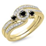 0.65 Carat (ctw) 18K Yellow Gold Round Black & White Diamond Ladies Twisted Swirl Bridal Halo Engagement Ring With Matching Band Set
