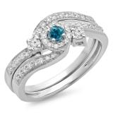 0.65 Carat (ctw) 14K White Gold Round Blue & White Diamond Ladies Twisted Swirl Bridal Halo Engagement Ring With Matching Band Set