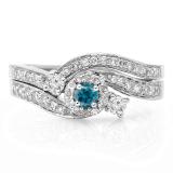 0.65 Carat (ctw) 18K White Gold Round Blue & White Diamond Ladies Twisted Swirl Bridal Halo Engagement Ring With Matching Band Set