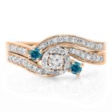 0.65 Carat (ctw) 10K Rose Gold Round Blue & White Diamond Ladies Twisted Swirl Bridal Halo Engagement Ring With Matching Band Set