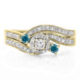 0.65 Carat (ctw) 14K Yellow Gold Round Blue & White Diamond Ladies Twisted Swirl Bridal Halo Engagement Ring With Matching Band Set