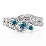 0.65 Carat (ctw) 18K White Gold Round Blue & White Diamond Ladies Twisted Swirl Bridal Halo Engagement Ring With Matching Band Set