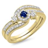 0.65 Carat (ctw) 18K Yellow Gold Round Blue Sapphire & White Diamond Ladies Twisted Swirl Bridal Halo Engagement Ring With Matching Band Set