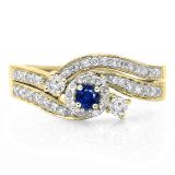 0.65 Carat (ctw) 18K Yellow Gold Round Blue Sapphire & White Diamond Ladies Twisted Swirl Bridal Halo Engagement Ring With Matching Band Set