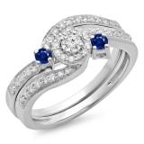 0.65 Carat (ctw) 14K White Gold Round Blue Sapphire & White Diamond Ladies Twisted Swirl Bridal Halo Engagement Ring With Matching Band Set