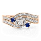 0.65 Carat (ctw) 18K Rose Gold Round Blue Sapphire & White Diamond Ladies Twisted Swirl Bridal Halo Engagement Ring With Matching Band Set