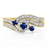 0.65 Carat (ctw) 14K Yellow Gold Round Blue Sapphire & White Diamond Ladies Twisted Swirl Bridal Halo Engagement Ring With Matching Band Set
