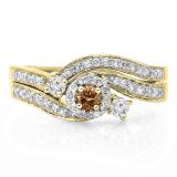 0.65 Carat (ctw) 10K Yellow Gold Round Champagne & White Diamond Ladies Twisted Swirl Bridal Halo Engagement Ring With Matching Band Set