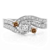 0.65 Carat (ctw) 10K White Gold Round Champagne & White Diamond Ladies Twisted Swirl Bridal Halo Engagement Ring With Matching Band Set