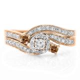 0.65 Carat (ctw) 14K Rose Gold Round Champagne & White Diamond Ladies Twisted Swirl Bridal Halo Engagement Ring With Matching Band Set