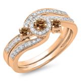 0.65 Carat (ctw) 18K Rose Gold Round Champagne & White Diamond Ladies Twisted Swirl Bridal Halo Engagement Ring With Matching Band Set