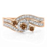 0.65 Carat (ctw) 18K Rose Gold Round Champagne & White Diamond Ladies Twisted Swirl Bridal Halo Engagement Ring With Matching Band Set