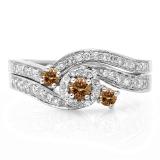 0.65 Carat (ctw) 18K White Gold Round Champagne & White Diamond Ladies Twisted Swirl Bridal Halo Engagement Ring With Matching Band Set