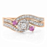 0.65 Carat (ctw) 18K Rose Gold Round Pink Sapphire & White Diamond Ladies Twisted Swirl Bridal Halo Engagement Ring With Matching Band Set
