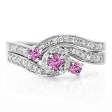 0.65 Carat (ctw) 14K White Gold Round Pink Sapphire & White Diamond Ladies Twisted Swirl Bridal Halo Engagement Ring With Matching Band Set