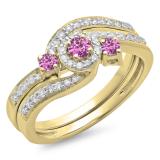 0.65 Carat (ctw) 14K Yellow Gold Round Pink Sapphire & White Diamond Ladies Twisted Swirl Bridal Halo Engagement Ring With Matching Band Set