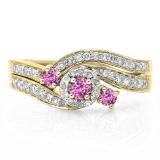 0.65 Carat (ctw) 14K Yellow Gold Round Pink Sapphire & White Diamond Ladies Twisted Swirl Bridal Halo Engagement Ring With Matching Band Set