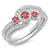 0.65 Carat (ctw) 10K White Gold Round Red Ruby & White Diamond Ladies Twisted Swirl Bridal Halo Engagement Ring With Matching Band Set