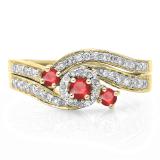 0.65 Carat (ctw) 10K Yellow Gold Round Red Ruby & White Diamond Ladies Twisted Swirl Bridal Halo Engagement Ring With Matching Band Set
