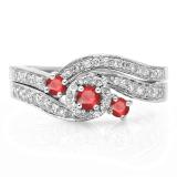 0.65 Carat (ctw) 18K White Gold Round Red Ruby & White Diamond Ladies Twisted Swirl Bridal Halo Engagement Ring With Matching Band Set
