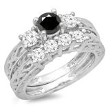 1.50 Carat (ctw) 10K White Gold Round Cut Black & White Diamond Ladies Vintage 3 Stone Bridal Engagement Ring With Matching 4 Stone Wedding Band Set 1 1/2 CT