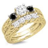 1.50 Carat (ctw) 10K Yellow Gold Round Cut Black & White Diamond Ladies Vintage 3 Stone Bridal Engagement Ring With Matching 4 Stone Wedding Band Set 1 1/2 CT